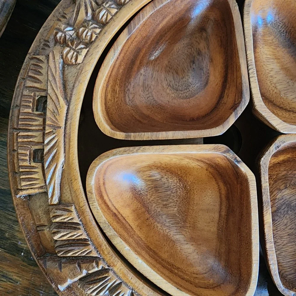 Hand Carved 3 Tier‎ Teak Pineapple Monkey Pod Lazy Susan Serving Tower Vintage